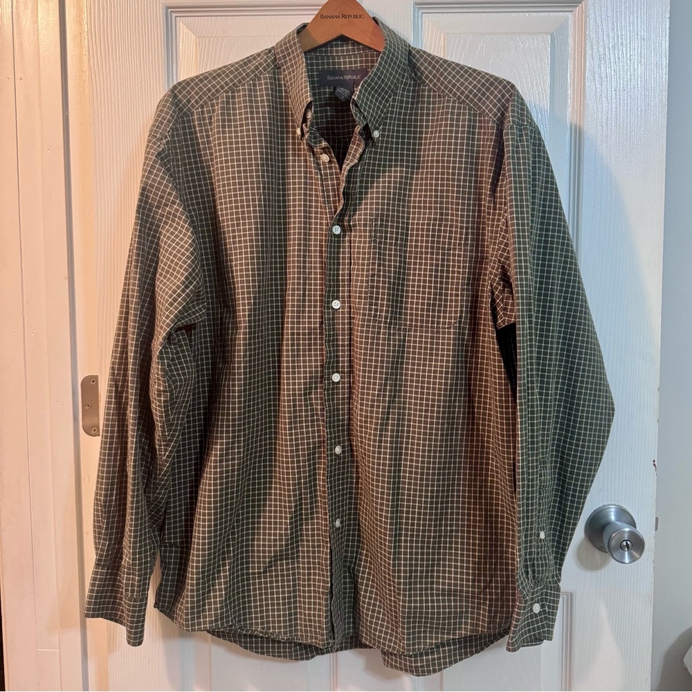 Banana Republic - Men’s Army Green Gingham Checkered Button-down Shirt